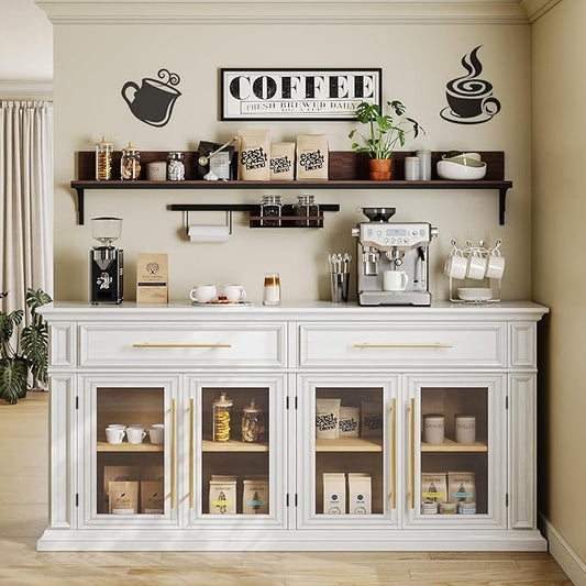 LGHM 63" Sideboard Buffet Cabinet with Storage, Modern Credenza with 4 Doors & Adjustable Shelves, Wood Coffee Bar Kitchen Cabinet with 2 Large Drawers for Living Room