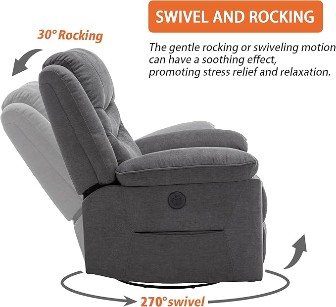 Power Swivel Rocker Recliner with Massage and Heat, USB Port, Infinite Position, Oversized Electric Glider Rocking Chairs Living Room, Soft Fabric Reclining Sofa Chair (Dark Grey Fabric)