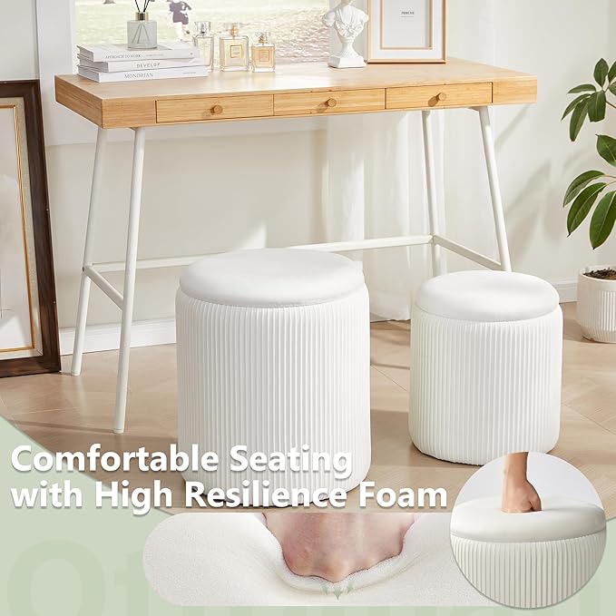 Royal Windsor Round Ottoman with Storage Set of 2,Vanity Stool with Storage for Bedroom, Ottoman Coffee Table,Small Velvet Foot Stool for Living Room, White