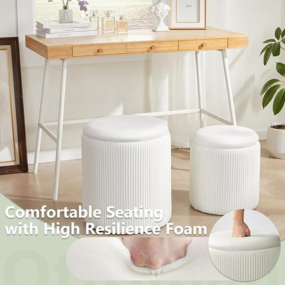 Royal Windsor Round Ottoman with Storage Set of 2,Vanity Stool with Storage for Bedroom, Ottoman Coffee Table,Small Velvet Foot Stool for Living Room, White