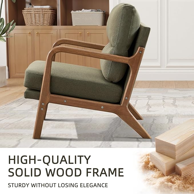 Mid Century Modern Accent Chair Set of 2, Linen Fabric Upholstered Lounge Arm Chair with Solid Wood Frame and Soft Cushion for Living Room, Bedroom, Balcony (1, Green)