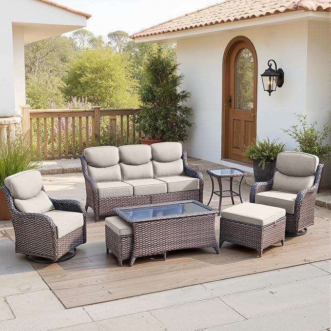 Belord Luxury 6" Thick Cushioned 7 Pieces Patio Furniture Set with Outdoor Couch, Wicker Outdoor Conversation Set with High Back Swivel Rocker Chairs for Deck Porch Yard and Poolside - Brown+Beige