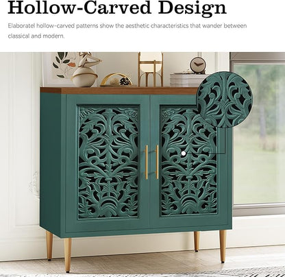 ARTPOWER Accent Cabinet with 2 Doors, Vintage Hollow Carving Buffet Cabinet, Sideboards and Buffets with Storage, Credenza for Living Room, Kitchen, Dining Room, Entryway, Hallway, Green