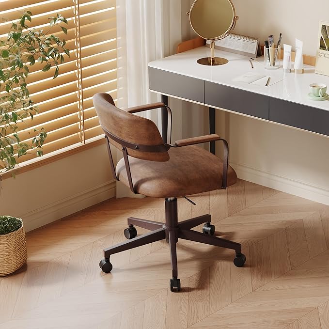 Home Office Desk Chair, Mid-Century Style Desk Chair with Padded Arms, Adjustable Seat Height, Mid Back 360° Small Computer Chair with Mobile Mute Wheel, PU Leather (Brown)