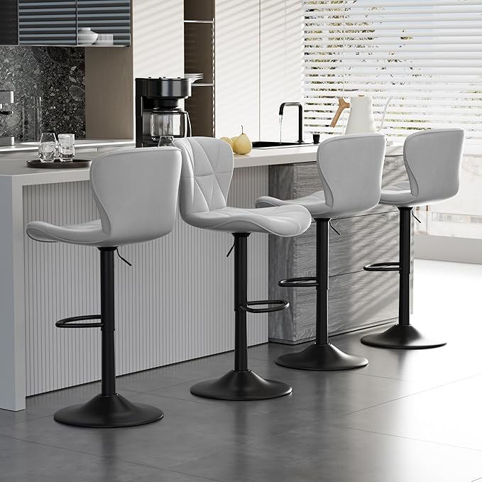 Bar Stools Set of 6,Adjustable Swivel Barstools, Faux Leather Bar Chairs,Upholstered Counter Height with High Backrest for Kitchen Island, Light Grey