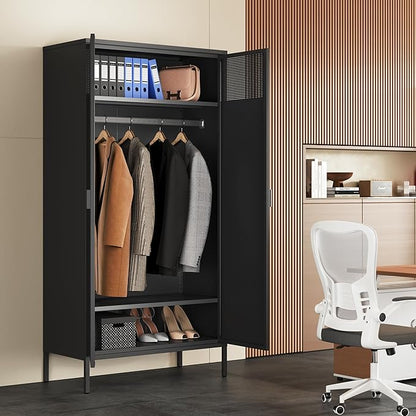 71 Inches Black Metal Wardrobe Cabinet with Hanging Rod, Metal Armoire Wardrobe Closet with Doors for Bedroom, Office, Laundry Room and Changing Room, Metal Locker Cabinet