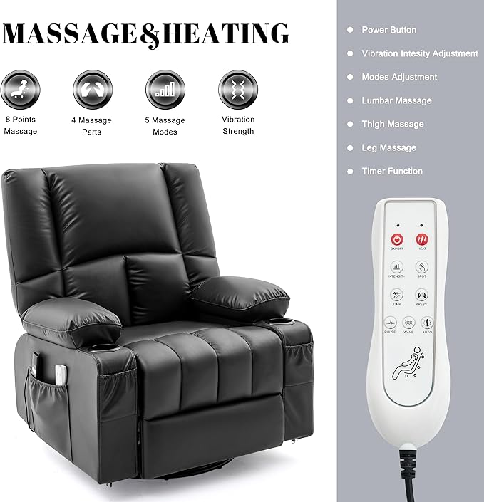 Swivel Rocker Chair with Heat and Massage, 270° Power Recliner Chairs for Adults, USB and Type-C Ports, Oversized Recliner Single Sofa, Electric Glider Chair(Black)
