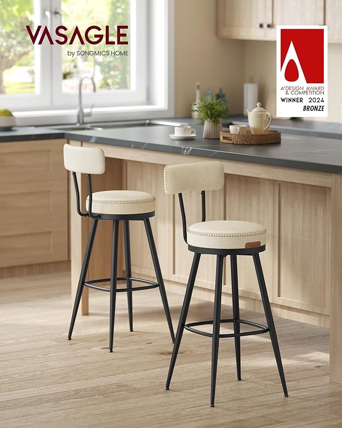 VASAGLE EKHO Collection - Bar Stools Set of 2, Swivel Bar Height Bar Stools with Back, Synthetic Leather with Stitching, Mid-Century Modern, 30-Inch Tall Barstools for Kitchen Home Bar, Cream White