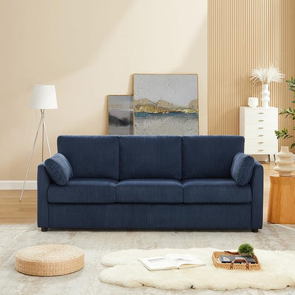 79" 3 Seater Couches for Living Room, Modern Corduroy Sofa with 2 Pillows and Storage Pockets, Comfy Small Couches for Apartment, Small Spaces, Home Office, Navy Blue