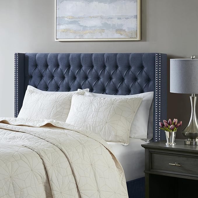 Madison Park Queen Button Tufted Headboard, Adjustable Upholstered Transitional Wingback Headboard, Nailhead Trim, Wooden Frame, Black Metal Legs, Flush Flat Back, Vintage Bedroom Décor Amelia - Navy