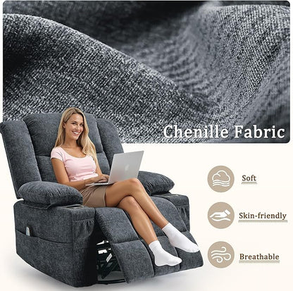 360° Swivel Rocker Recliner for Adults, Nursery Glider Recliner with Massage and Heating, Rocking Chair with Cup Holder, Manual Recliner Chair for Living Room, Bedroom (Fabric, Dark Gray)