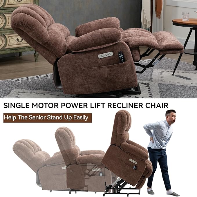 Power Lift Recliner Chair for Elderly with Heat Function, 8 Node Massage with 3 Modes, Silent Operation, Oversized Electric Lift Recliner Single Sofa for Living Room with USB Charging, Brown