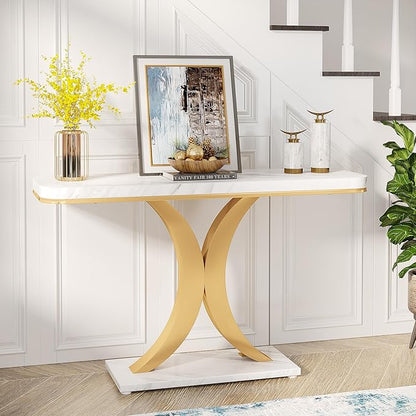 Tribesigns Modern Gold Console Table, 40 inch Narrow Entryway Foyer Table with Geometric Base, Rustic Hallway Accent Table for Living Room, Entrance, White and Gold