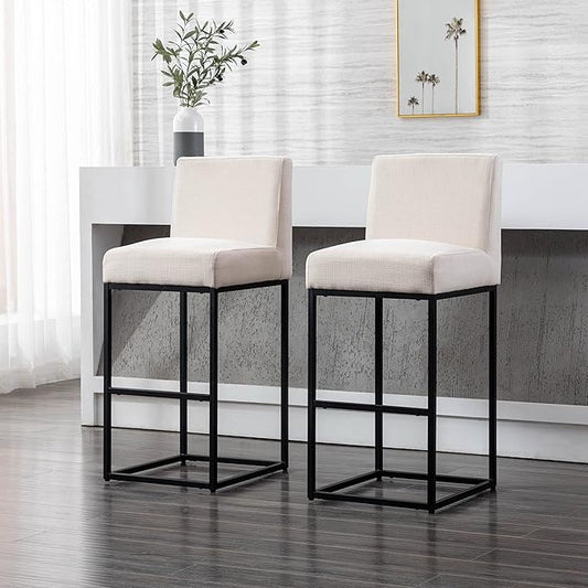 31" Height Cream Fabric Bar Stools Set of 2 Counter Height Stools with Back and Footrest for Kitchen Modern Metal Barstools, Linen Upholstered Farmhouse Bar Chairs Island Stools