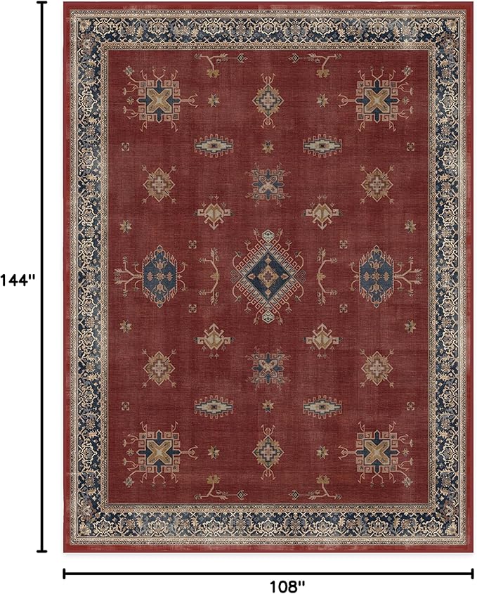 RUGGABLE Washable Vintage Area Rug – Verena Amber Red 9x12, Stain-Resistant, Non-Slip – Large Machine Washable Rugs for Living Room, Bedroom, Hallway, Entryway & Office–with Standard Pad