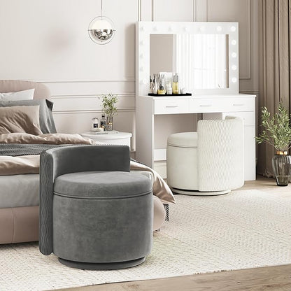 360° Swivel Accent Chair with Storage, Vanity Stool with Back, Velvet Storage Ottoman, Upholstered Round Barrel Vanity Chair for Living Room, Makeup Room, Bedroom (Gray)