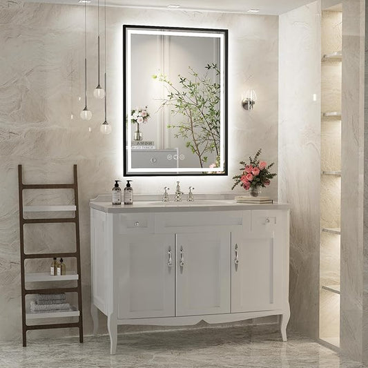 LED Bathroom Mirror, 20x28 Inch Frontlit & Backlit Black Framed Lighted Mirror,Wall Mouted Vanity with Lights,Double Lights Strips,Anti Fog Stepless 3 Colors Temperature & Dimmable