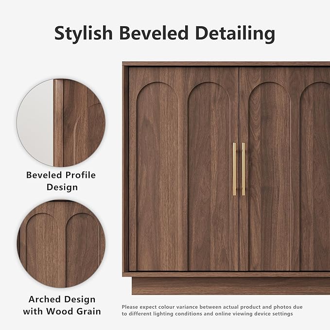Sideboard Buffet Cabinet with Storage, Mid Century Modern Accent Cabinet with Arched Doors, Modular Media Console, Minimalist Credenza for Living Room Kitchen Dining Room Entryway, Walnut