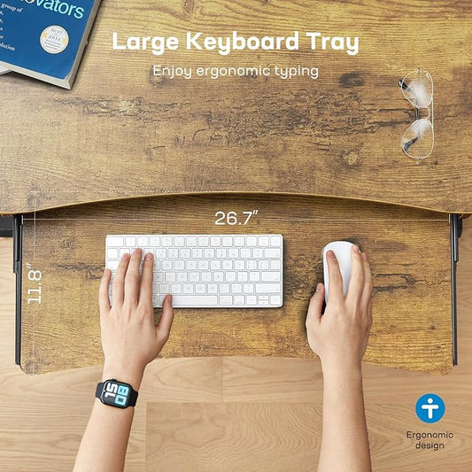 HUANUO 55" x 26" Electric Standing Desk with 2 Drawers & 26.7" Large Keyboard Tray, C-Clamp Mount Compatible, Adjustable Computer Desk for Home Office, Stand Up Desk with 4 Height Presets, Vintage