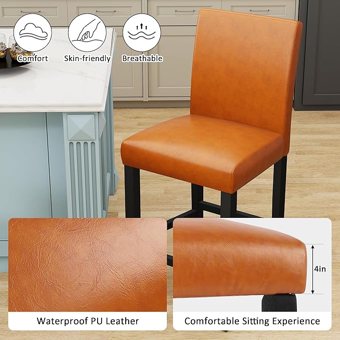 LSSPAID Counter Height Bar Stools Set of 4, 24.8 Inch Upholstered PU Leather Barstools, Modern Kitchen Island Chairs with Backrest and Solid Wood Legs, Light Brown