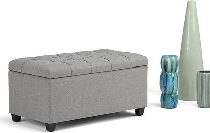 SIMPLIHOME Sienna Storage Ottoman Bench - 33 inch Wide Upholstered Linen Look Fabric Rectangle Storage Ottoman Bench in Fawn Brown, Transitional Tufted Ottoman for Living Room with Lift Top