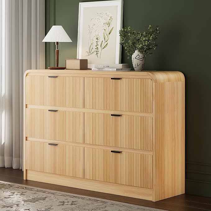 FURSUN Fluted 6 Drawers Dresser for Bedroom, 54" Wide Wooden Dresser with Metal Handle, Curved Profile Design, Modern Storage Organizer for Bedroom, Hallway (Natural Oak)