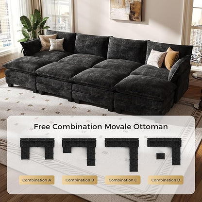 KKL 120" Huge Modular Sectional Sofa Bed, 8 Seater Convertible J/L/U-Shaped Sleeper Cloud Couch with Ottoman, Chenille Sectional Couches for Living Room, Apartment, Black