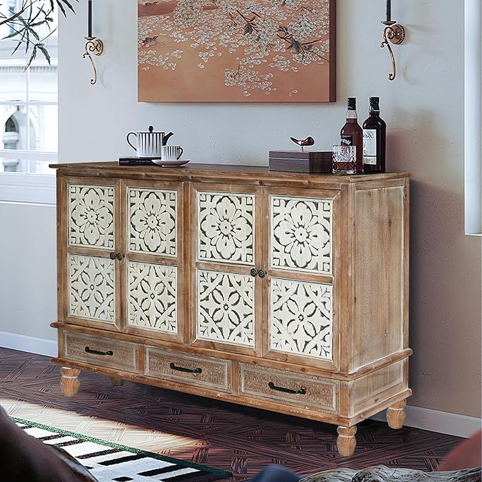 Accent Cabinet with 4 Doors & 3 Drawers, Hollow Carved Storage Sideboard, Wood Buffet Cabinet for Living Room, Dining Room, Entryway (4-Door + 3 Drawers)