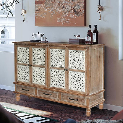 Accent Cabinet with 4 Doors & 3 Drawers, Hollow Carved Storage Sideboard, Wood Buffet Cabinet for Living Room, Dining Room, Entryway (4-Door + 3 Drawers)
