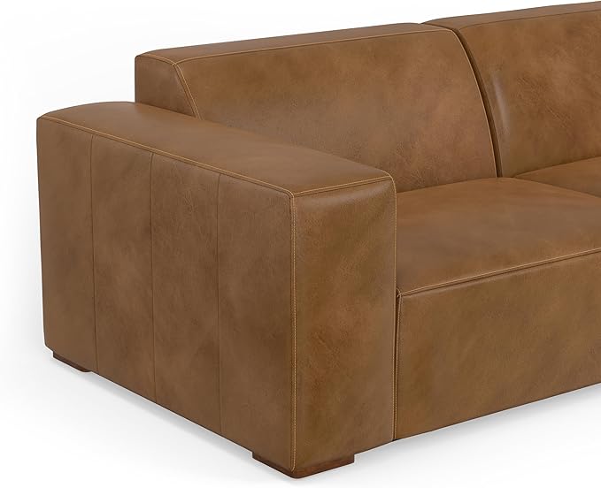 SIMPLIHOME Rex Modular Sofa and Ottoman Set in Full-Grain Genuine Leather, Caramel Brown, 88-inch-Wide 2-Seater Leather Couch and Matching 34-inch-Wide Table Ottoman for Living Room