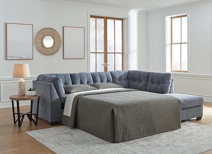 Signature Design by Ashley Marleton Contemporary Right-Arm Facing Tufted 2-Piece Sleeper Sectional with Chaise, Loose Seat Cushions and Bi-Fold Memory Foam Mattress, Full, Blue