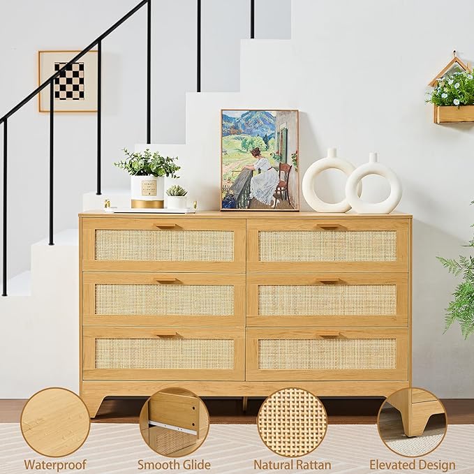 Natural Rattan 6-Drawer Dresser | Modern Bohemian Storage Chest – Includes Anti-Tip Wall Straps & Metal Slides | Versatile Furniture for Bedroom or Living Room