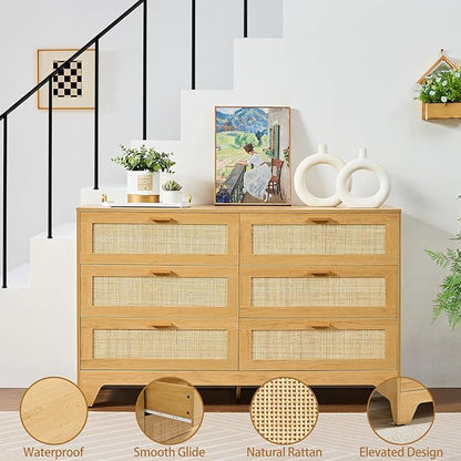 Natural Rattan 6-Drawer Dresser | Modern Bohemian Storage Chest – Includes Anti-Tip Wall Straps & Metal Slides | Versatile Furniture for Bedroom or Living Room