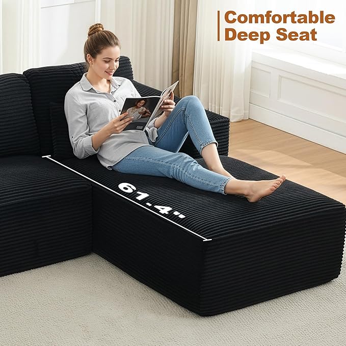 106" Cloud Modular Sectional Sofa Couch with L-Shape Chaise,Modern Boneless Sectional Couch with Deep Seat,Upholstered Couches for Living Room Bedroom,No Assembly Required,Black