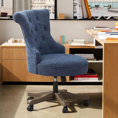 HUIMO Home Office Chair Upholstered Armless Desk Chair with Wheels Adjustable Height Computer Desk Chair with Wooden Legs Linen Comfortable Swivel for Farmhouse Study Studio (Blue)