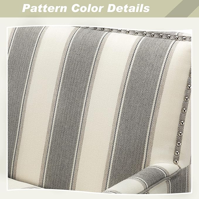 HULALA HOME Modern Accent Chairs Set of 2, Farmhouse High Back Striped Chairs with Wooden Legs & Nail Head Trim, Comfy Upholstered Armchairs for Living Room/Bedroom (Stripe Grey)
