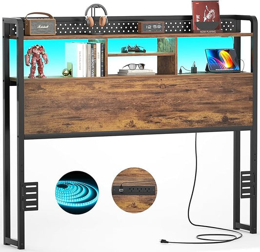 Unikito Headboard for Full Size Bed with Storage Shelf, Head Board with 3 Outlets and 2 USB Ports, Headboards with RGB LED Light, Height Adjustable, Sturdy and Stable, Easy Assembly, Rustic Brown