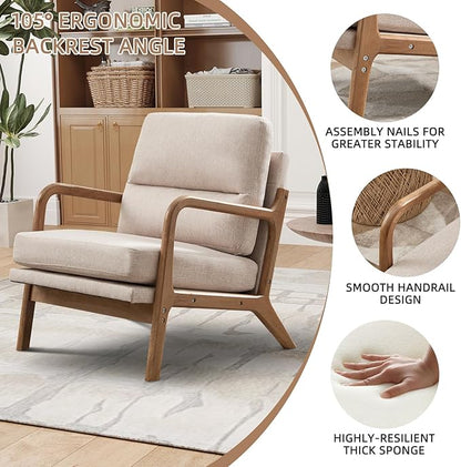 Mid Century Modern Accent Chair, Linen Fabric Upholstered Lounge Armchair with Solid Wood Frame and Soft Cushion for Living Room, Bedroom (1, Linen Beige)