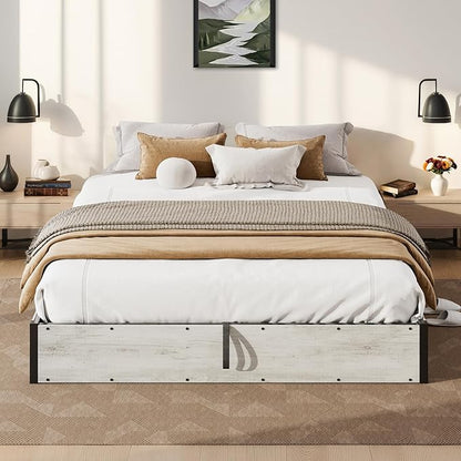 Lift Up Storage Bed Frame, Queen Size Wooden Platform Bed with Large Storage Underneath, No Box Spring Needed, Noise Free, Distressed White