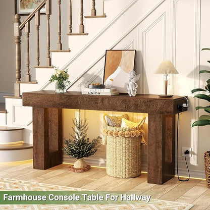 Unikito 63'' Farmhouse Console Table with Power Outlets and Sensor Light, Wooden Entryway Table with Storage, Rectangular Sofa Tables Behind The Couch for Entrance, Hallway, Living Room, Rustic Oak