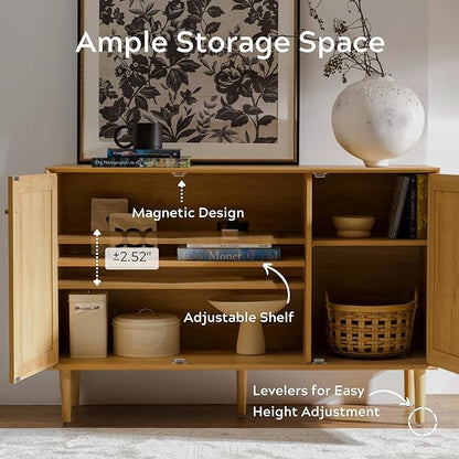 Rattan Storage Cabinet with 3 Doors, Boho Sideboard Buffet Cabinet Solid Wood Farmhouse Credenza Cabinet with Adjustable Shelves for Living Room Kitchen Entryway Hallway, Natural Oak