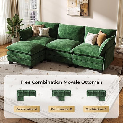 KKL 91.3" Modular Sectional Sofa, L-Shaped 4 Seater Cloud Couch with Ottoman, Chenille Modern Sectional Couches for Living Room, Apartment, Green