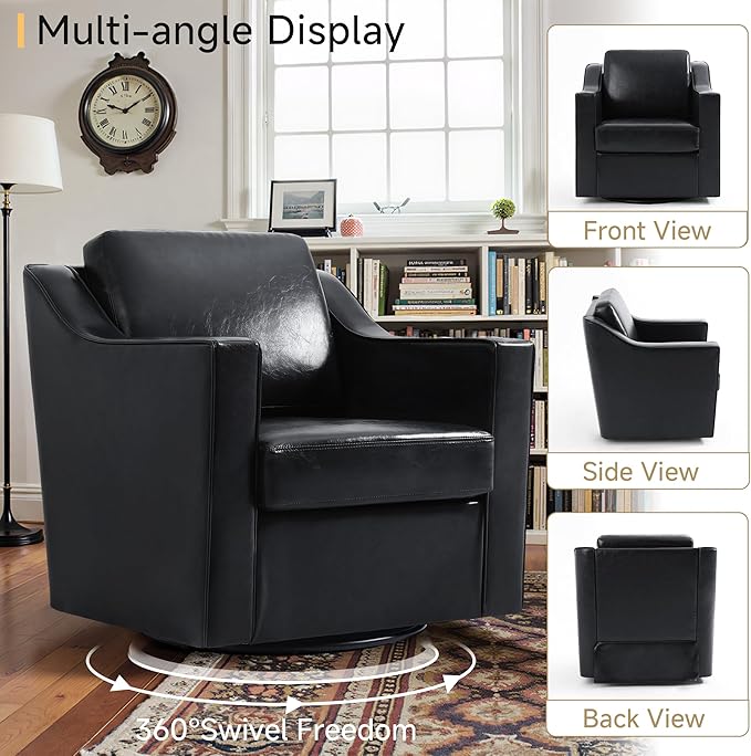 Pia Ricco Set of 2: Modern Oversized Faux Leather Swivel Accent Chairs w/Removable Covers for Living Room, Reception Value Pack,Black