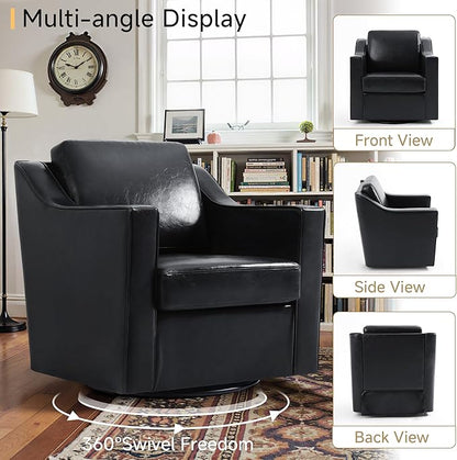 Pia Ricco 360° Swivel Accent Chair, Oversized Modern Faux Leather Armchair with Removable Cover for Living Room and Reception,Black