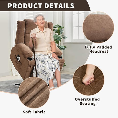 Large Power Lift Recliner Chair for Elderly Overstuffed Wide Electric Lift Chair with Heat and Massage for Big and Tall Adults Reclining Sofa Chair with 2 Cup Holders, Side Pocket, USB Port, Brown