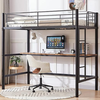 VECELO Metal Loft Bed Twin Size with Desk, Heavy Duty Bedframe with Removable Ladder and Safety Guardrail, Space-Saving, Noise Free, No Box Spring Needed, Matte Black
