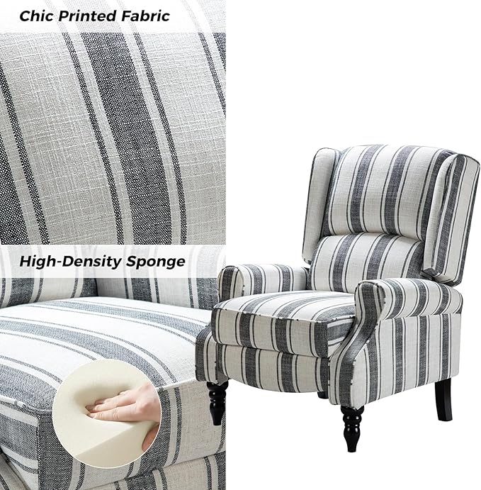 HULALA HOME Upholstered Wingback Recliner Chair, Small Adjustable Footrest Push Back Single Reclining Sofa, Mid Century Modern Lounge Armchair for Living Room, Bedroom, Reading/Stripe Black
