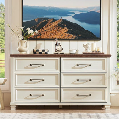 Farmhouse Bedroom Dresser and Nightstand Set of 4, 6 Drawer Low & 5 Drawers Dresser & 3 Drawer Nightstand Set with Wooden Legs, Rustic Wood Bedroom Furniture for Livingroom, Hallway, White