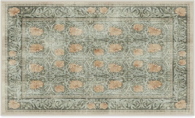 RUGGABLE x Morris & Co Washable Area Rug – Pimpernel Vintage Green 3x5, Stain-Resistant, Non-Slip – Small Machine Washable Rugs for Living Room, Bedroom, Hallway, Entryway & Office–with Cushioned Pad