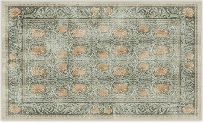 RUGGABLE x Morris & Co Washable Area Rug – Pimpernel Vintage Green 3x5, Stain-Resistant, Non-Slip – Small Machine Washable Rugs for Living Room, Bedroom, Hallway, Entryway & Office–with Cushioned Pad